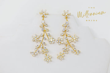 Cubic Zirconia Floral Vine Leaves Diamond Earrings, Long Bridal Earrings, Crystal Bridal Earrings, Statement Earrings, Gold Bride Earring.